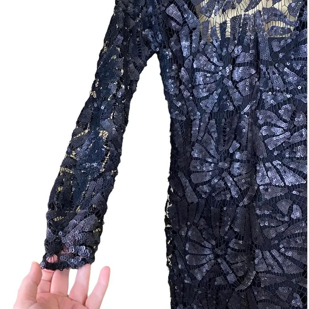 SKY Brand Black Fayina Sequined Lace Leather Trimmed Dress Size Small - Picture 5 of 15